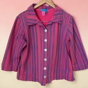 Fresh Produce Striped Button Front Shirt Large 100% Cotton Pink Lagenlook Artsy